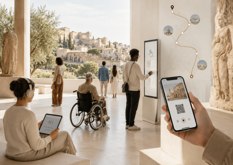 Spazio culturale luminoso e accessibile con visitatori, strumenti digitali, QR code e percorsi museali connessi al territorio.