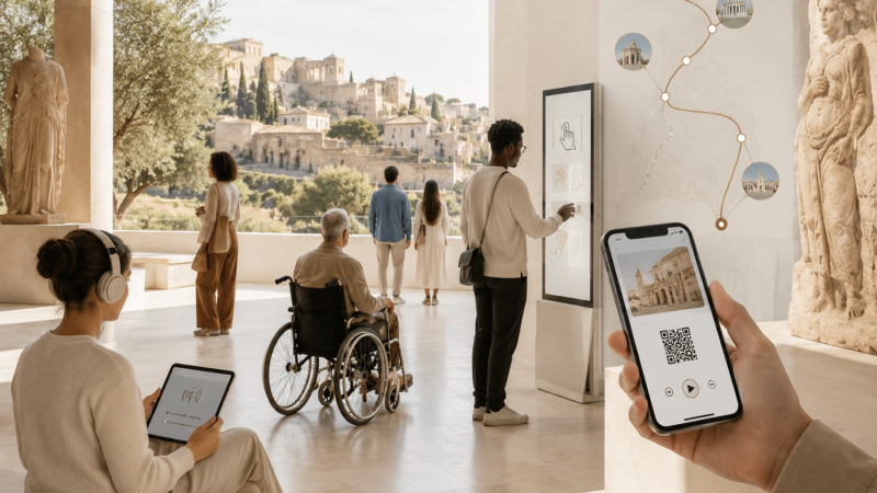 Spazio culturale luminoso e accessibile con visitatori, strumenti digitali, QR code e percorsi museali connessi al territorio.