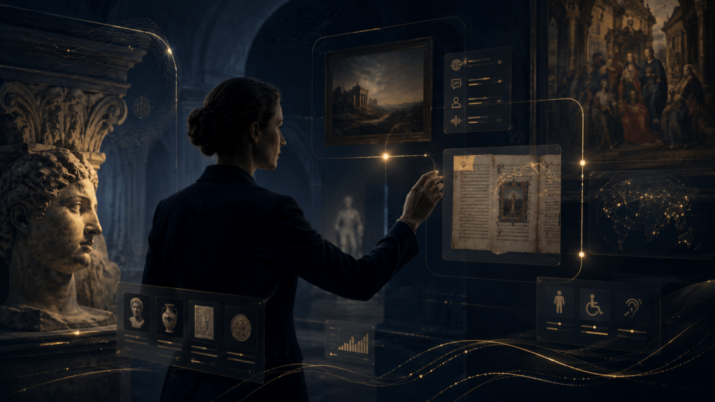 Professionista museale che gestisce contenuti digitali e dati in una galleria, simbolo del ruolo umano nella trasformazione digitale dei musei.