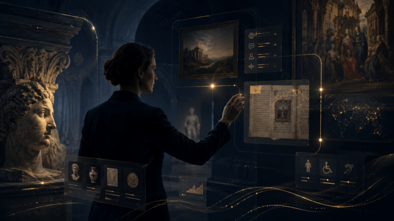 Professionista museale che gestisce contenuti digitali e dati in una galleria, simbolo del ruolo umano nella trasformazione digitale dei musei.