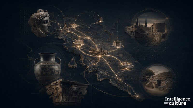 Mappa digitale che collega musei, siti archeologici e percorsi territoriali, simbolo di musei connessi e cultura diffusa.