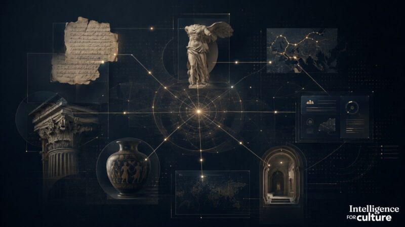 Rete digitale che collega manoscritti, opere d’arte, architetture, mappe e dati culturali, simbolo di interoperabilità del patrimonio culturale.
