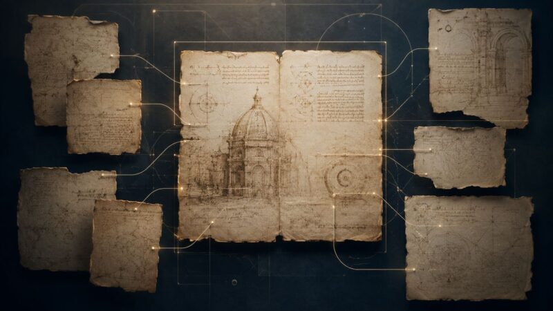 simulazione della ricostruzone del Codice Atlantico di Leonardo da Vinci, evidenzia le pagine restituendo completezza ai manoscritto