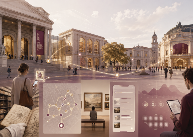 Piazza culturale con museo, biblioteca, teatro e archivi connessi da percorsi digitali, QR code e dati per valorizzare il patrimonio pubblico dei territori.