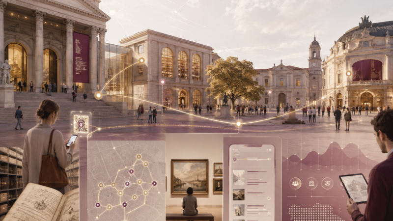 Piazza culturale con museo, biblioteca, teatro e archivi connessi da percorsi digitali, QR code e dati per valorizzare il patrimonio pubblico dei territori.
